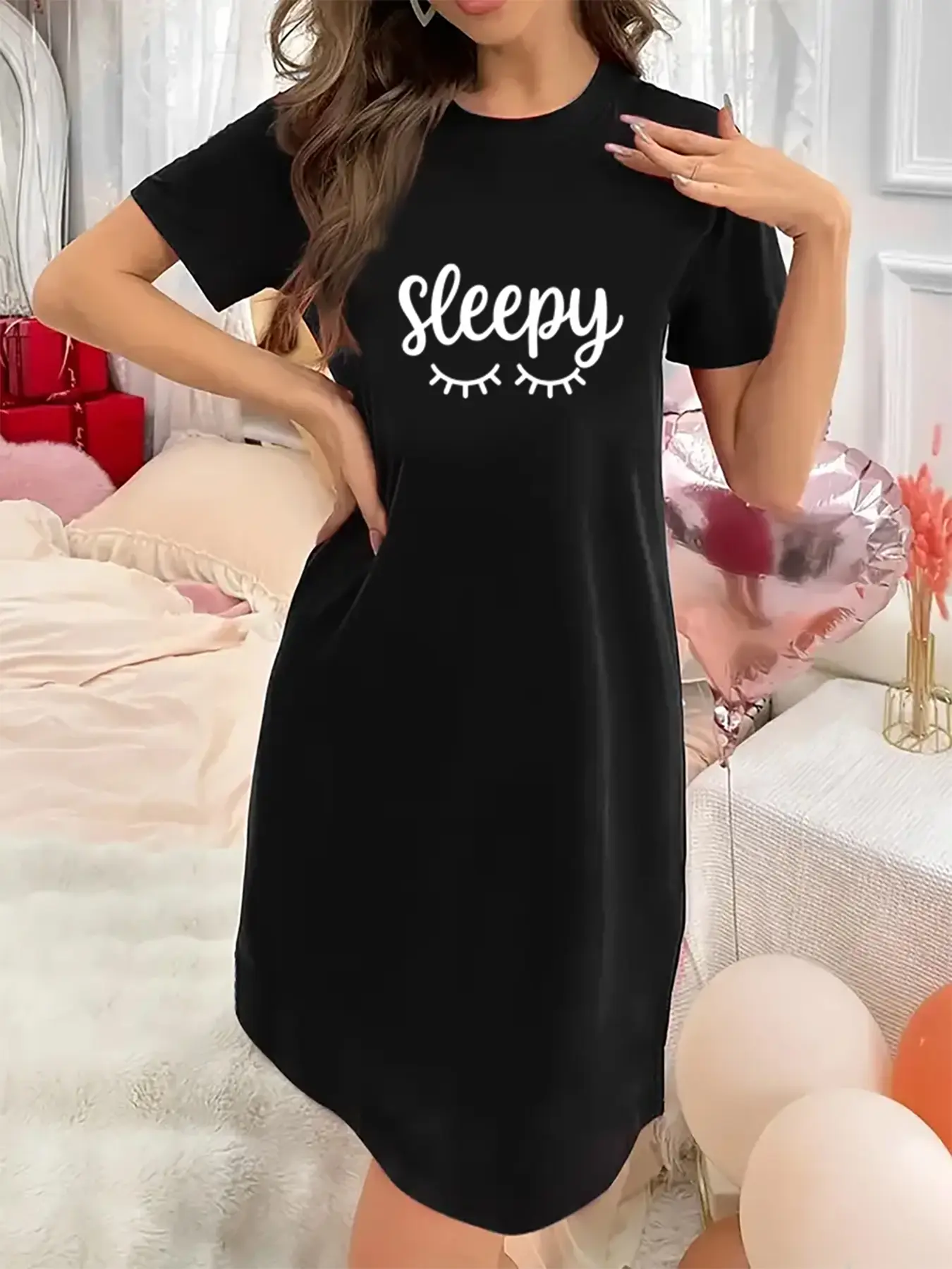Soft & Slightly Stretchy Women's Nightgown Crew Neck Short Sleeve with sleep Print Sexy Elegant Youthful Perfect Gift for Christmas Mother's Day Valentine’s Day and New Year sexy lace home pajama