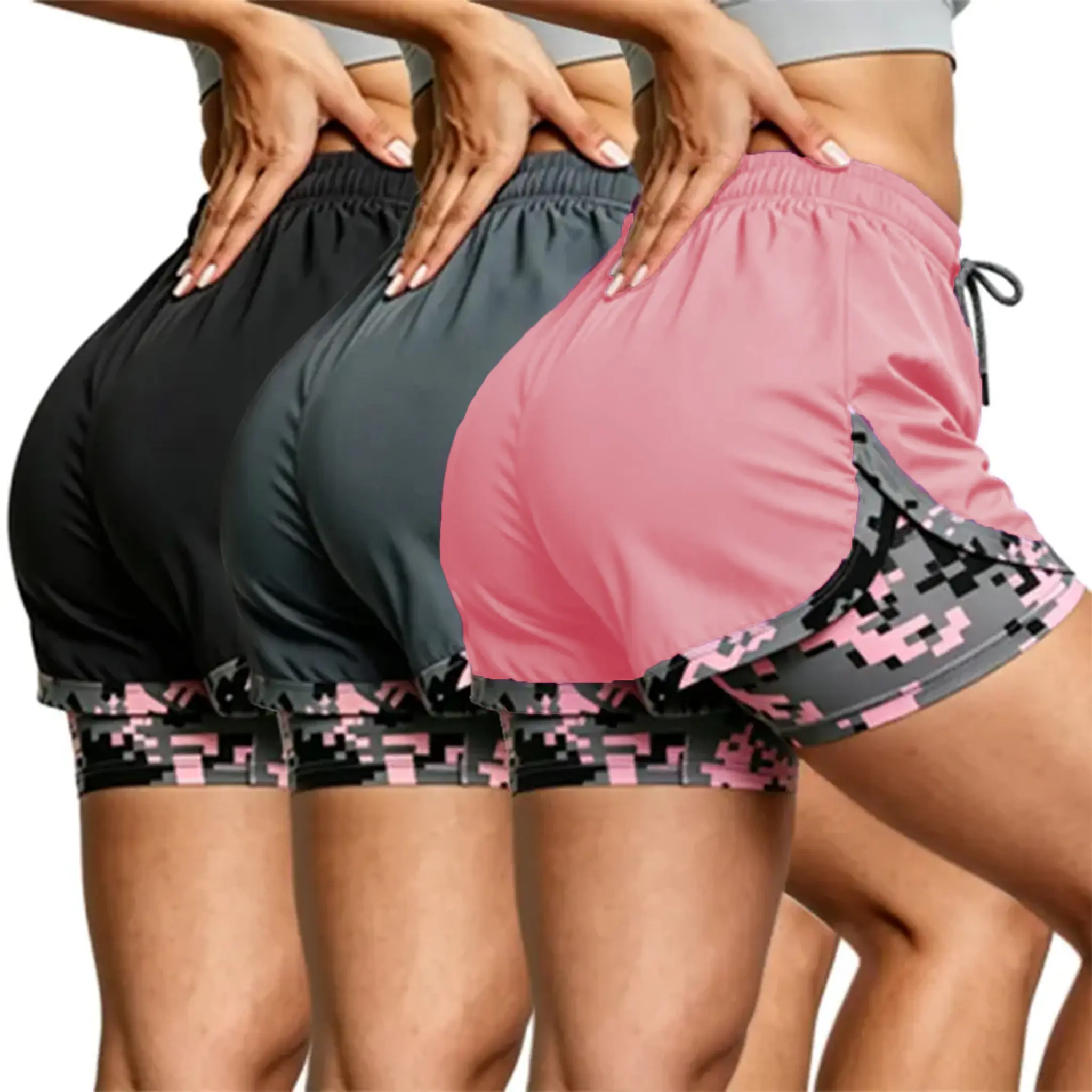 3PCS Women’s casual athletic shorts three-piece set with built-in lining to prevent exposure, drawstring design, elastic waistband; suitable for outdoor sports, fitness, running, and everyday casual wear.