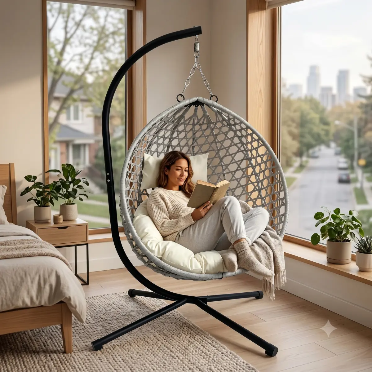 High Quality Foldable Hanging Egg Lounge Chair Swing - HDPE Rattan Wicker Porch Swing with Stable 350 lbs Heavy-Duty Iron Stand, Comfortable Cotton Cushion, Easy Setup Outdoor Furniture for Patios, Gardens