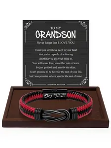 Meaningful Leather Bracelet for Grandson, Personalized Jewelry, Perfect Gift for Christmas & Birthdays, Casual All-Season Accessory, Durable & Stylish I Love You Gift for Grandson