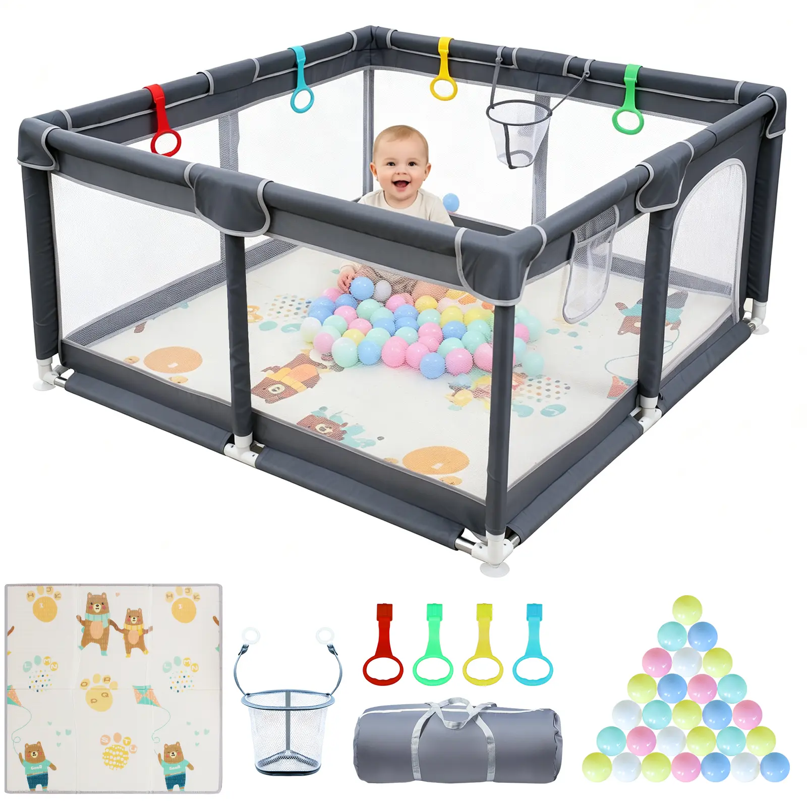 47"x47" Baby Playpen with Play Mat, Ocean Balls, Storage Bag & Basketball Hoop, Indoor & Outdoor Toddler Play Yard, Breathable Mesh Safety Fence Anti-Fall Baby Activity Center