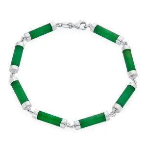 Asian Style Light Green Natural Jade Strand Bar Link Anklet Bracelet .925 Sterling Silver 9 Inch