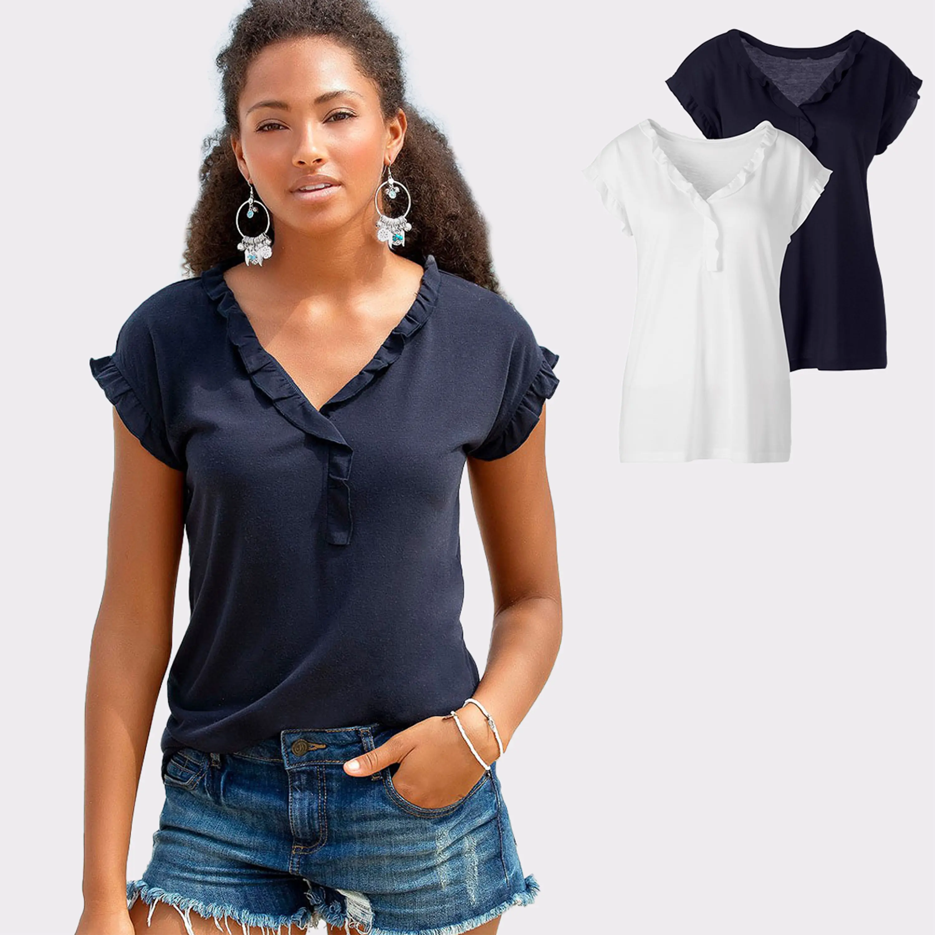 LASCANA Women's 2-Pack Casual Ruffle Hem T-Shirts, Soft Straight Clothes with Comfortable Fabric