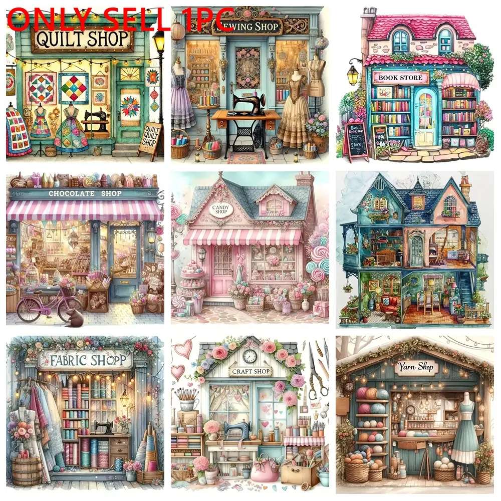 1PC Whimsical Vintage Cottage Shop Diamond Painting Kit, Cute Hand-drawn Storefronts: Sewing, Candy & Craft Shops, Soft Watercolor Pastel Style, Dreamy Cottage Wall Decor, Ideal Craft, Handicraft Gift for Hobby Lovers, Easy DIY Diamond Art with Supplies