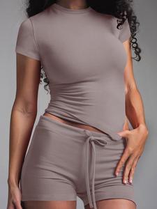 women's solid color modal loungewear two-piece set, casual comfy short sleeve round neck tee & drawstring waist shorts pj set, ladies sleepwear for all seasons, pajamas, womenswear, loungesetwomen