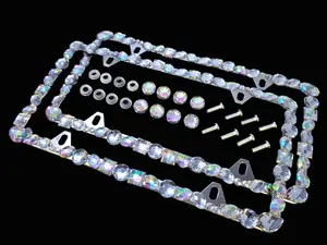 Dazzling Addiction 3D Bling License Plate Frames Big Chunky Rhienstones Clear and Clear AB Made in USA Handmade 1 Row Holder Screw Caps Personalizable Customizable Customized White Bedazzled Sparkly Shimmering for Girls Women 4 Holes Crystals Diamond