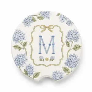 Personalized Floral Soapstone Car Coasters – Custom Monogram Hydrangea Design with Initials, Elegant Gift for Car Lovers, Customizable Coasters for Car Interior Decor