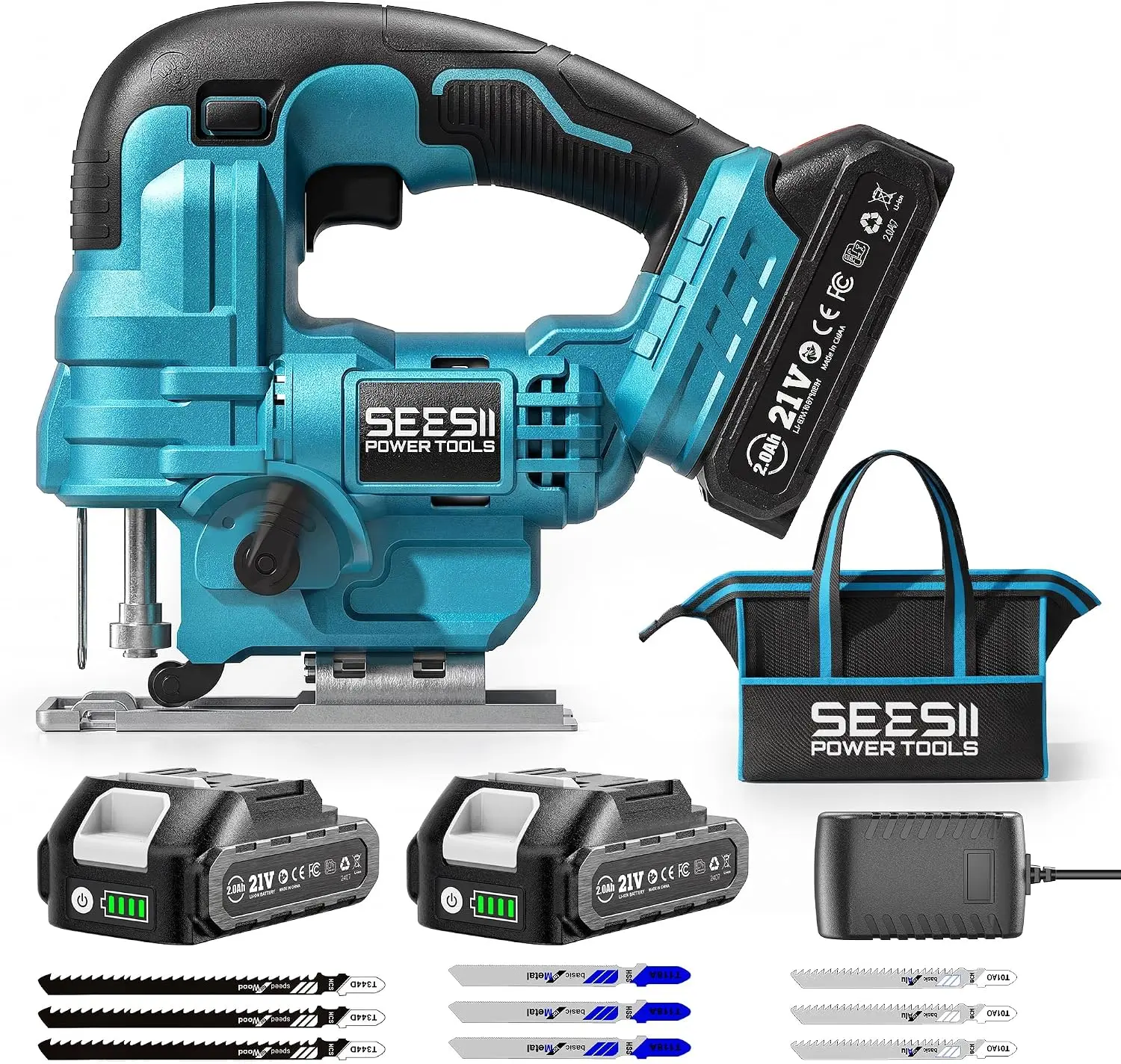 SEESII Jig Saw, Cordless Jigsaw Tool with 2×2.0Ah Batteries and Charger