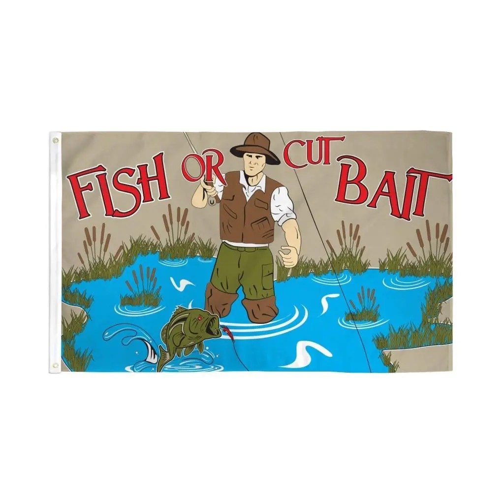 Hangable 3x5ft Polyester Fishing Single Flag Banner - "Fish Or Cut Bait" Bold Print, Dye Sublimation, Header Tape, All-Season, Indoor Home Festive Decor for Fishing Enthusiasts