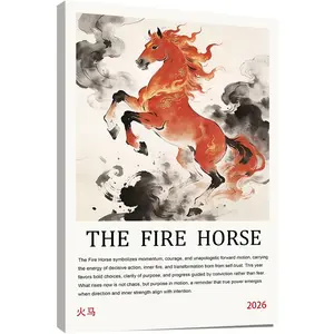 Year of the Fire Horse 2026 Wall Art Chinese Zodiac Horse Painting Poster Asian Lunar New Year Fire Horses Picture for Wall Decor Living Room Bedroom Home Decoration 12*16 in (Stretched Canvas on A Wooden Frame)