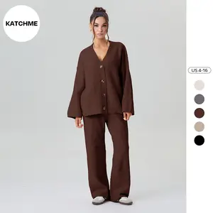 KatchMe Women's Slouchy Solid Color V-Neck Button-Up Long Sleeve Cardigan & Stretch Loose Trousers Co-ord, Minimalist Two Piece Outfits, Cozy Womenswear(2)