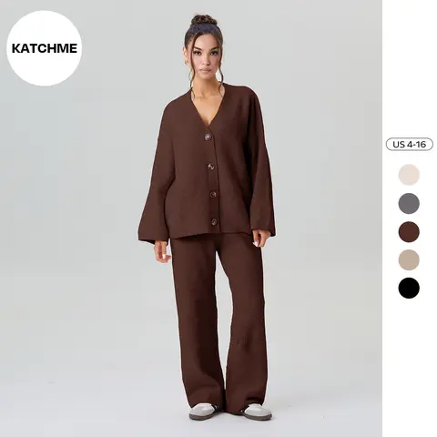 KatchMe Women's Slouchy Solid Color V-Neck Button-Up Long Sleeve Cardigan & Stretch Loose Trousers Co-ord, Minimalist Two Piece Outfits, Cozy Womenswear(2)