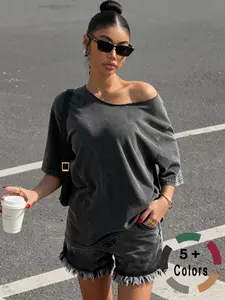 Women's Vintage Wash Asymmetrical Shoulder Sporty Short Sleeve Top, Summer Casual Loose Fit Shirt for Daily Commute, Leisure & Fitness