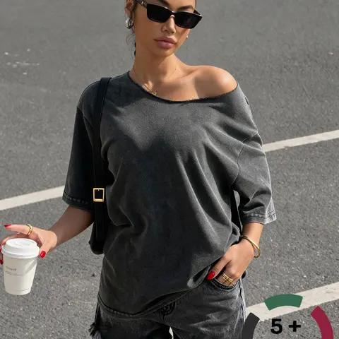Women's Vintage Wash Asymmetrical Shoulder Sporty Streetwear Short Sleeve Basic Womenswear Top, Summer Casual Loose Fit Shirt, Casual Trendy Tee for Daily Commute, Leisure & Fitness