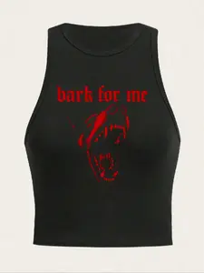 Women's Bark for Me Wolf Pattern Short Tank Top, Y2K Streetwear Street Style Sleeveless Gothic Shirt, Casual Letter Print Vest Womenswear