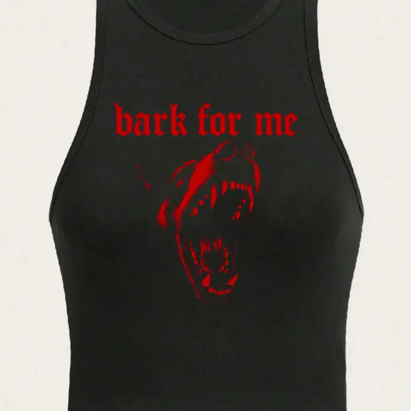 Women's Bark for Me Wolf Pattern Short Camisole Tank Top, Y2K Street Style Fashion Gothic Shirt, Casual Letter Print Vest Womenswear, Streetwear, Sleeveless Printed Top