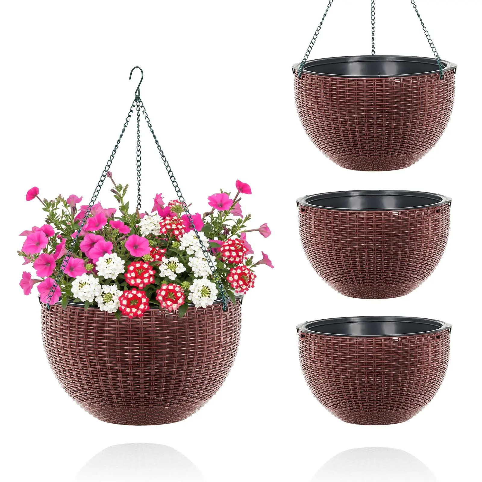 4 Pack 14 Inch Metal Hanging Planters, Round Watering Flower Baskets with Coco Liner, Weatherproof Heavy Duty Hanging Plant Holders, Stylish Garden Hanging Pots for Outdoor Patio Yard Porch Decor