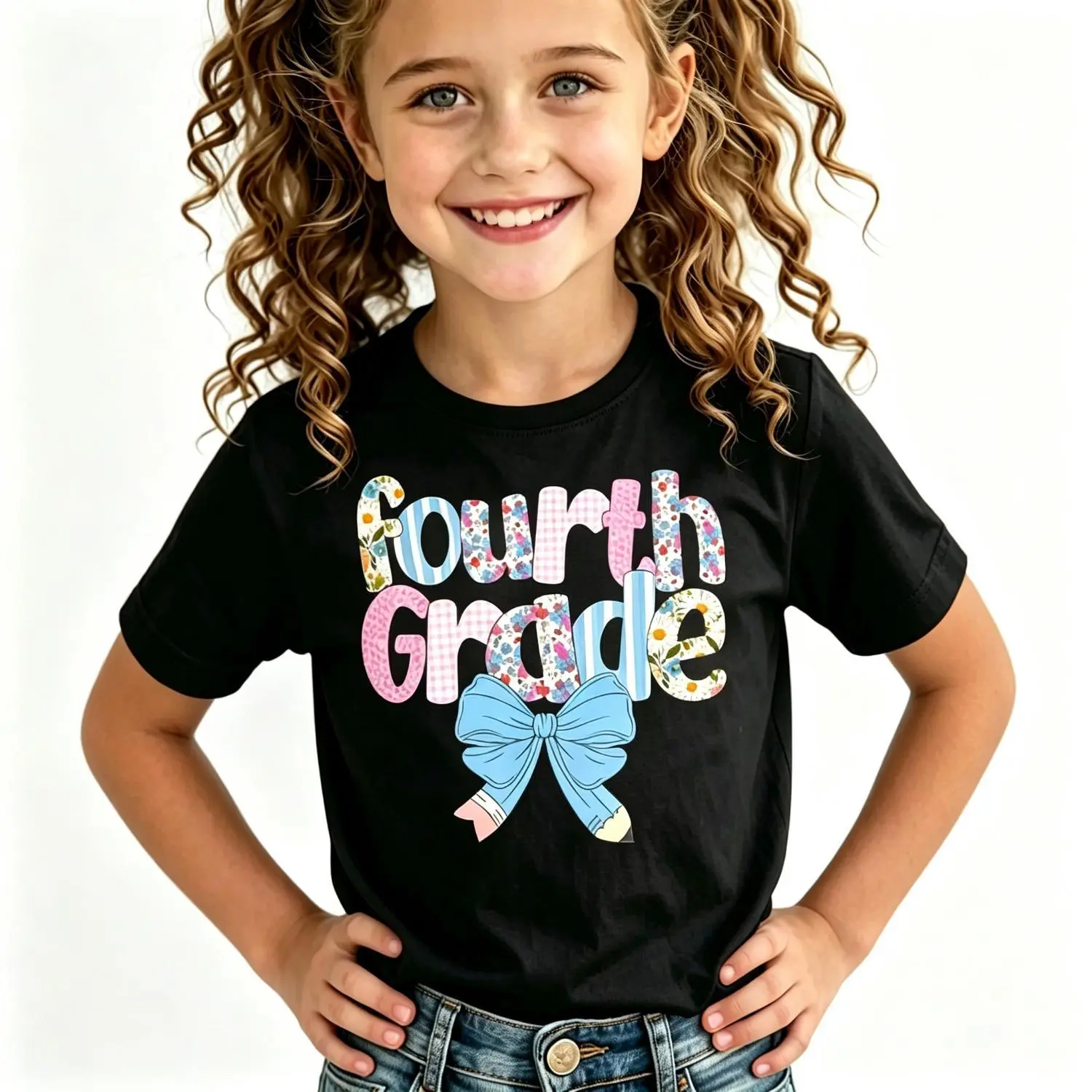 Preppy Fourth Grade Girls Teacher Blue Floral Pencil Bow T-Shirt