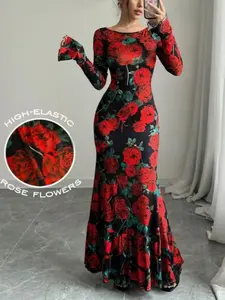 Women's Valentine's Day Romantic Rose Print Floral Round Neck Flared Sleeve Dress, Slim Fit Bodycon Design, Comfortable Elastic Stretchy Fabric