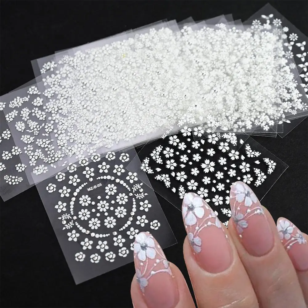 30pcs White Flower Nail Stickers 3D Self-Adhesive Floral Nail Decals Small Flower with Diamond Slider Sticker for Acrylic Nails