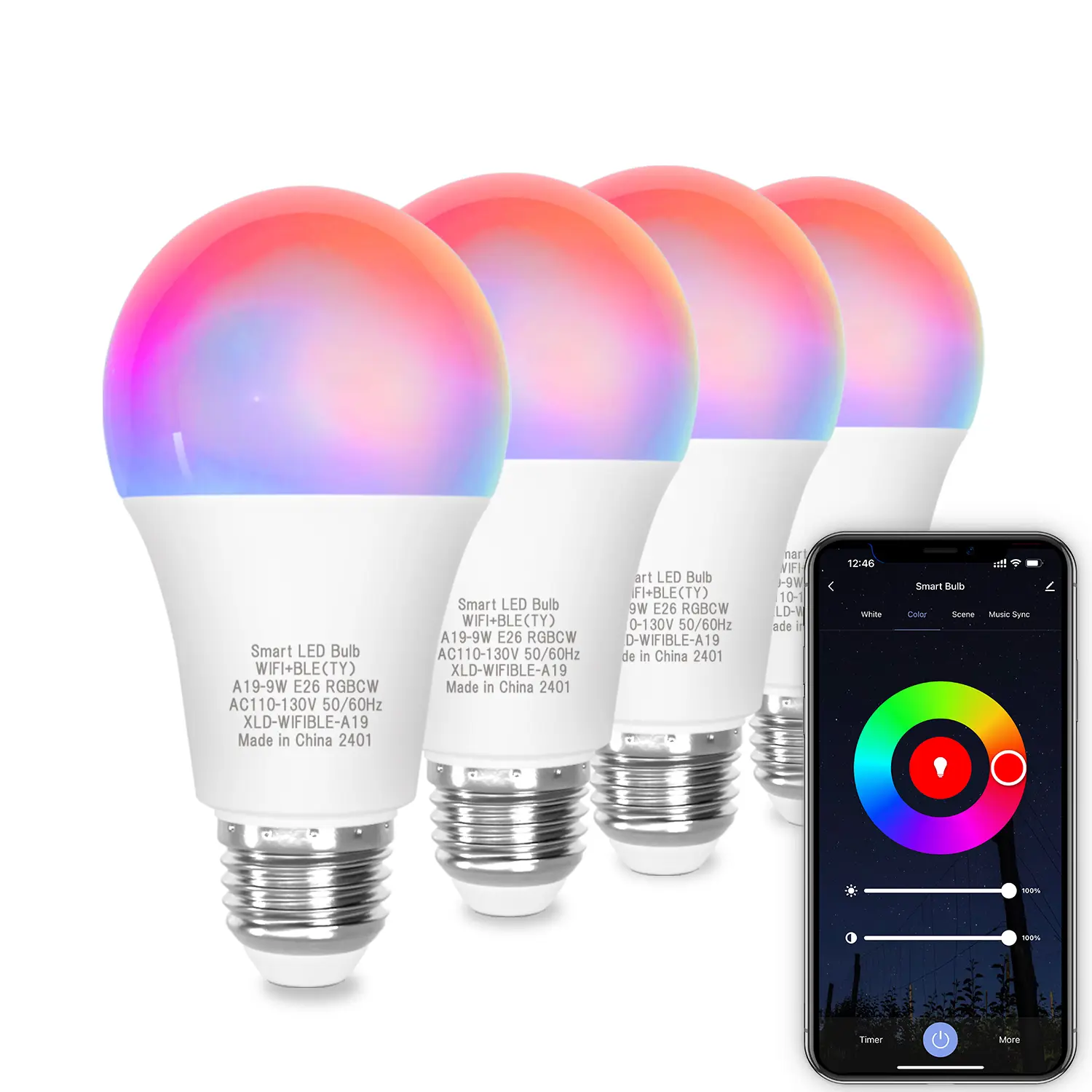 A19 E26 LED RGB Light Bulbs (2/4 Pack) - 2.4GHz WiFi & Bluetooth Connected Color Changing Decorative Ambient Smart Bulbs, APP Dimmable, 110-130V AC, Works with Alexa & Google Home, Automation Compatible, Modern Design, Led Rgb Lights