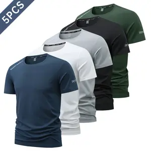 Pack of 5 men’s solid-color crew neck T-shirts, breathable quick-dry fabric, letter print design, suitable for workouts and running—essential short-sleeve tops for summer.