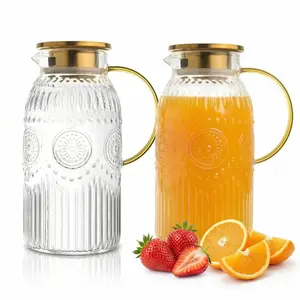2 Pack 2 Liter/68 oz Glass Pitcher with Lid, Water Pitchers with Handle for Fridge, Large Jug for Iced Tea, Coffee, Borosilicate Glass Carafe for Hot/Cold Brew Drink and Homemade Beverage, Gold