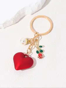 Valentine's Day Large Heart Rose Pearl Keychain Jewelry Romantic Elegant Car Bag Hanging Ornament Gift Stylish Accessory Fashionable Alloy Keychain for Special Occasions