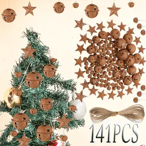 140Pack Vintage Rustic Bell & Star Decor Set: Hanging Jingle Ornaments for Holiday & Home Styling (With A 5-Meter-Long Hemp Rope) - Home Improvement.