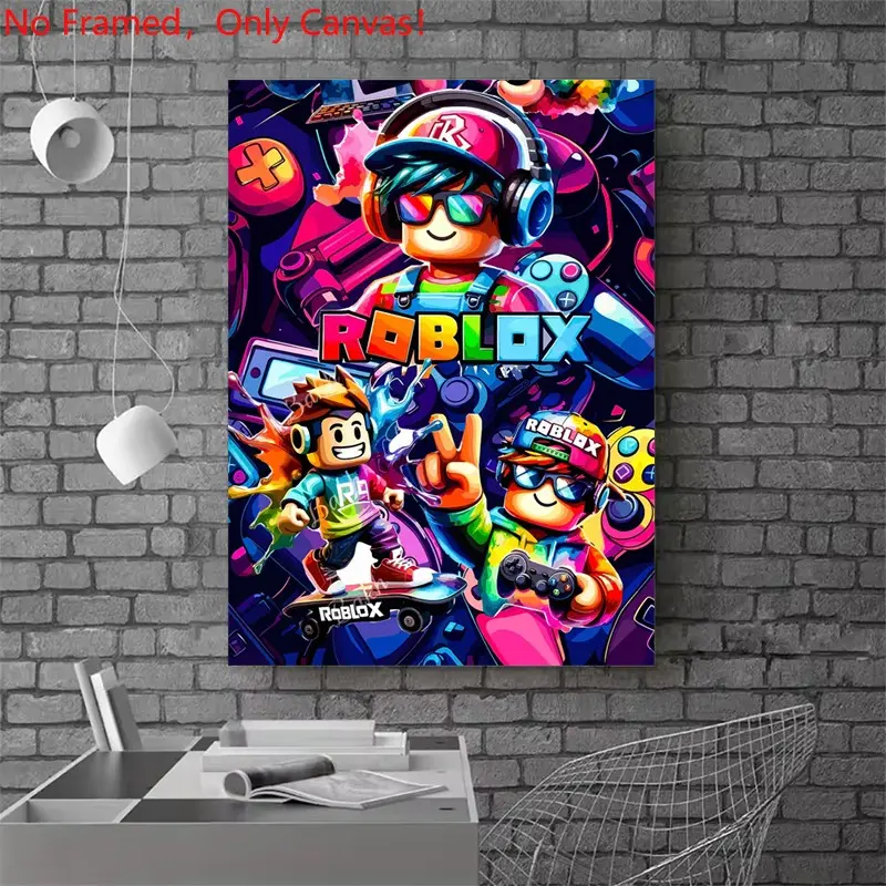 1 piece/set frameless canvas painting print poster, Game Poster art，Roblox characters and game controllers， a perfect gift for Video games loves, ideal gift for bedroom, living room, dorm hallway, kitchen, mural, wall decoration, room decor
