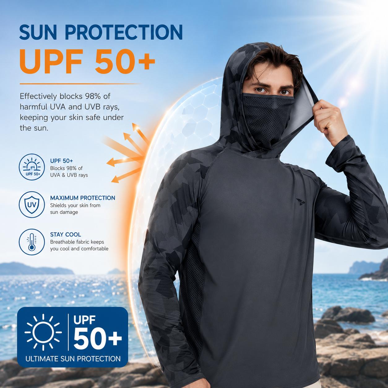 【RODEEL】915 Sun Hoodie Shirts w/ Mask Neck Gaiter Men UPF 50+ UV Protection Long Sleeve Lightweight Quick Dry Moisture Wicking Breathable Cooling Athletic Activewear for Outdoor Fishing Boating Hiking Construction Roofing Framing Landscaping summervibes