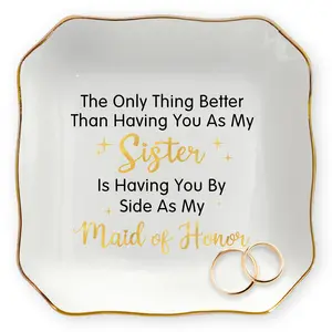 OASSIE Maid of Honor Gifts for Women - 4"x4" Ceramic Jewelry Dish Tray - Wedding Bridesmaid Gifts for Sister, Ring Holder for Women, Jewelry Tray for Maid of Honor Proposal, Bridesmaid Gift Ideas