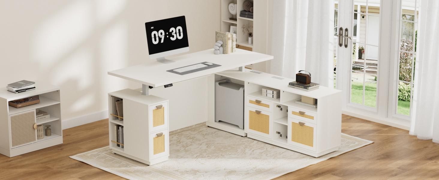 ModernMate 71" L-Shaped Executive Auto-Adjust Distraction-Free Multi-Drawer Computer Workstation Desk, White Rattan Drawers, Engineered Wood Top, Base File Cabinet, Built-In Ports, Privacy Panel, Easy Install for Home & Office, Auto-Adjust Computer Workst ModernMate 71" L-Shaped Executive Auto-Adjust Distraction-Free Multi-Drawer Computer Workstation Desk, White Rattan Drawers, Engineered Wood Top, Base File Cabinet, Built-In Ports, Privacy Panel, Easy Install for Home & Office, Auto-Adjust Computer Workst