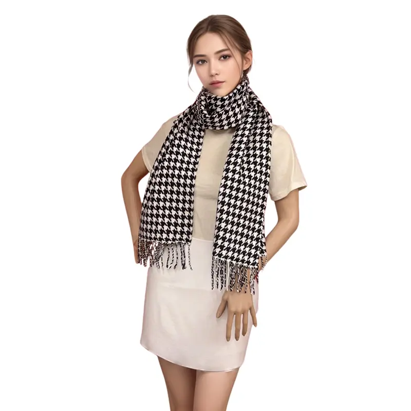Women's Classic Houndstooth Cashmere Feel Scarf for Winter
