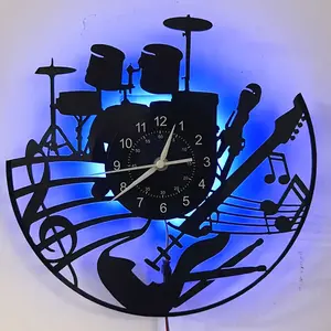 Drum Set Guitar Musical Instrument LED Vinyl Wall Clock Rock Band Music Note Color Changing Night Light Silent Music Studio Bedroom Wall Art Rock Musician Lover Gift (Battery Not Included)