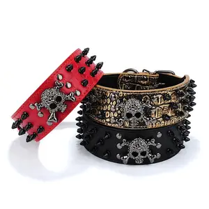 Skull Spiked Dog Collar for Large Breeds – Gothic Heavy Duty PU Leather Protective Collar with Studded Rivets & Metal Skull Decor, Perfect for Pitbull & Bully