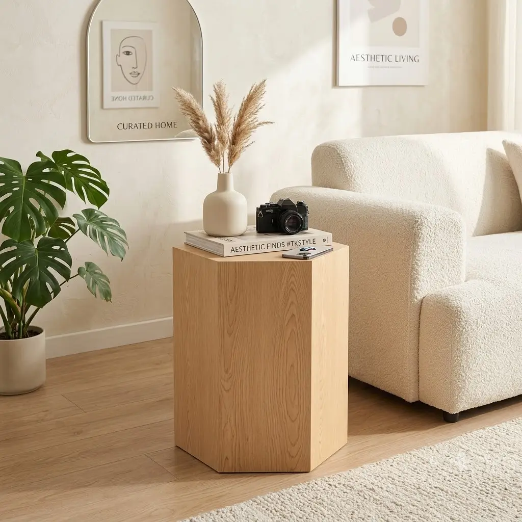 Modern Fully Assembled Hexagon MDF Coffee Table - Nature Wood Grain Sticker, Easy Clean End Table, 15.75"×13.58"×18.9" Adjustable Indoor Furniture for Small Living Room/Bedroom
