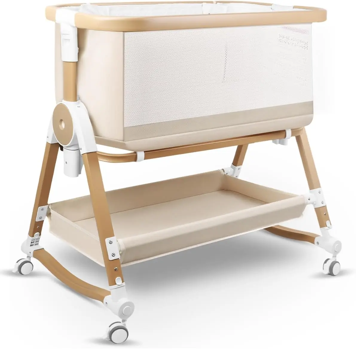 4 in 1 Baby Bassinet, Bassinets Bedside Sleeper with Wheels and Storage Basket, Adjustable 7 Heights Bedside Sleeper with Mosquito Net, Breathable Mesh Rocking Bassinet for Baby | movable, big storage basket, big mesh sides
