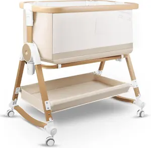 4 in 1 Baby Bassinet, Bassinets Bedside Sleeper with Wheels and Storage Basket, Adjustable 7 Heights Bedside Sleeper with Mosquito Net, Breathable Mesh Rocking Bassinet for Baby | movable, big storage basket, big mesh sides