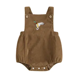 Infant Baby Corduroy Overalls Duck Embroidery Square Neck Sleeveless Button Romper for Boys Girls 0-18M