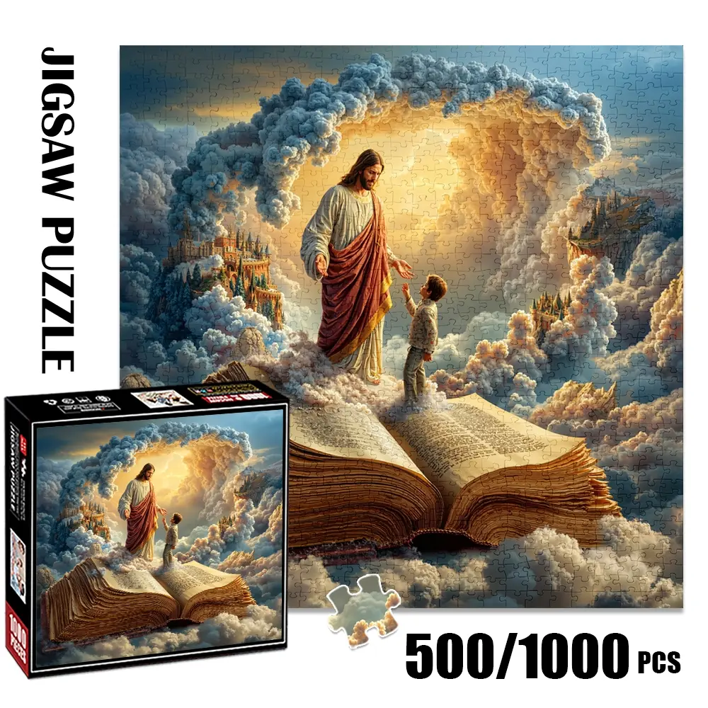1pc 1000 piece adult puzzle 58x58cm Figure of Jesus Standing on Open Book in Cloudy Fantasy Scene with Castles 500 pieces paper jigsaw puzzle suitable for DIY creative games for adults and families