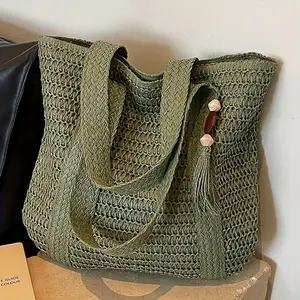 New Women's Fashion Solid Color Straw Handwoven Shoulder Bag, Large Capacity Tassel Decorated Tote, Classic Square Shape, Summer Travel Beach Bag, Handmade Woven Bag, Boho Bag