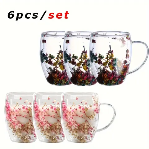6/8/12 packs- 350ml Multi-Colored Dried Flower Double-Layered Borosilicate Glass Cup, Beautiful Insulated Coffee And Tea Cup With Handle, Perfect For Hot And Cold Drinks, Pink Starry Sky Decoration, Gift-Ready, Milk Chocolate Compatible