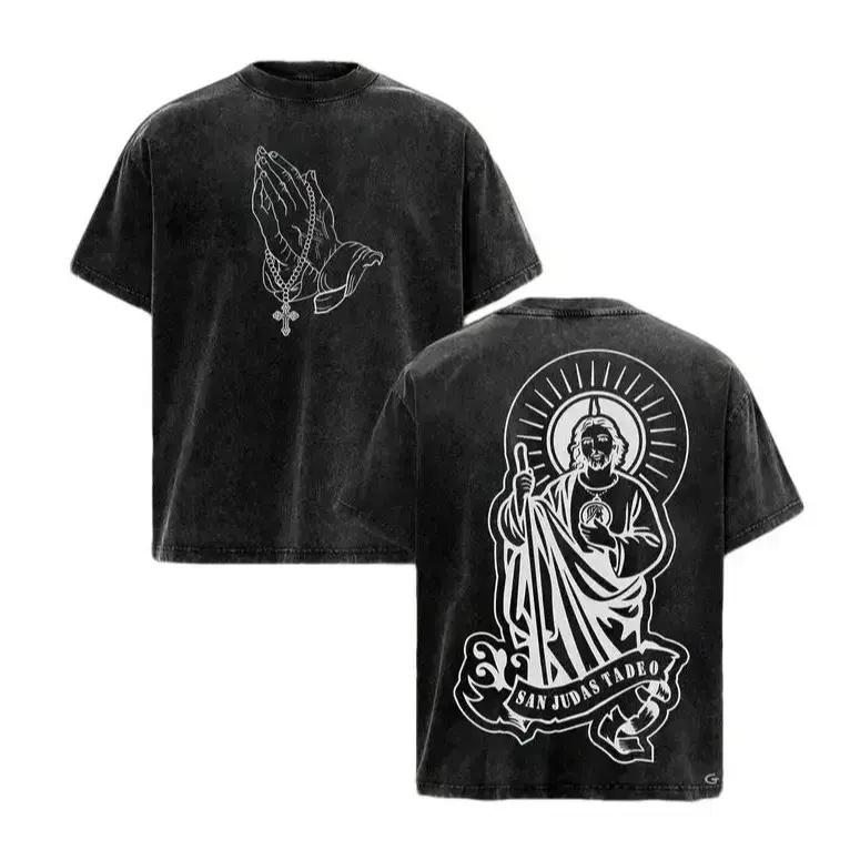 Men's San Judas Tadeo Graphic T-Shirt, Oversized Baggy Vintage Washed Heavy Top with Round Neck for Religious Streetwear