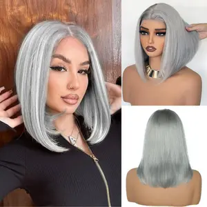 Silver Grey Short Straight Lace Bob Wigs Himan Hair  13x4 Lace Frontal Wigs For Women PrePlucked Real Brazilian Remy Human Hair
