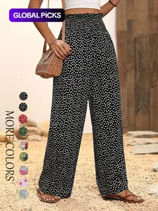 Women's Ditsy Floral Print Shirred Wide Leg Pants, Boho Style Frill Trim High Waist Trousers for Spring & Fall, Women's Bottoms for Daily Wear, Baggy Leggings