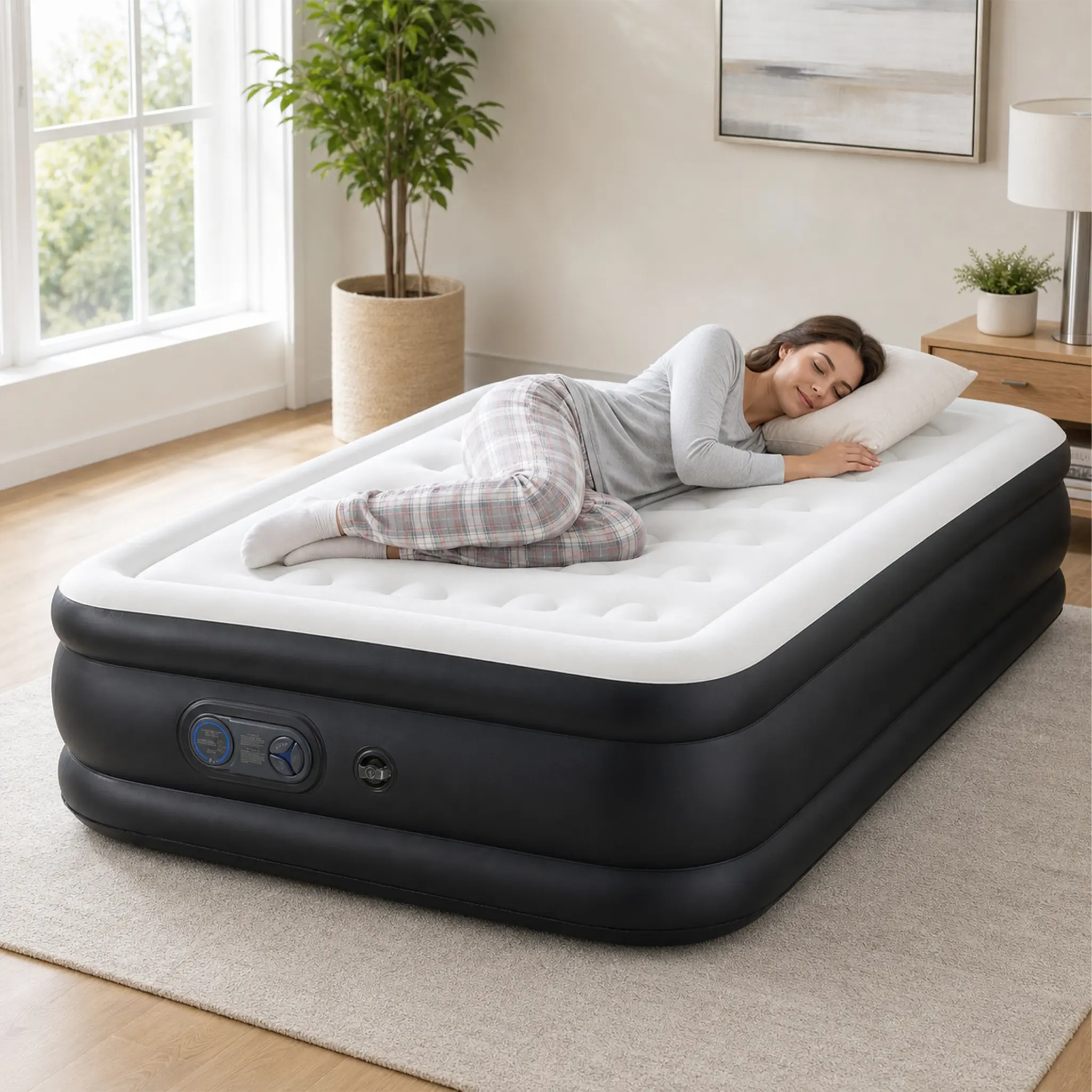 Air Mattress - Summer Cooling Inflatable Airbed Mattress with Built-in Pump, Double Height, Adjustable Portable, Breathable Cool Sleep Surface for Home Camping