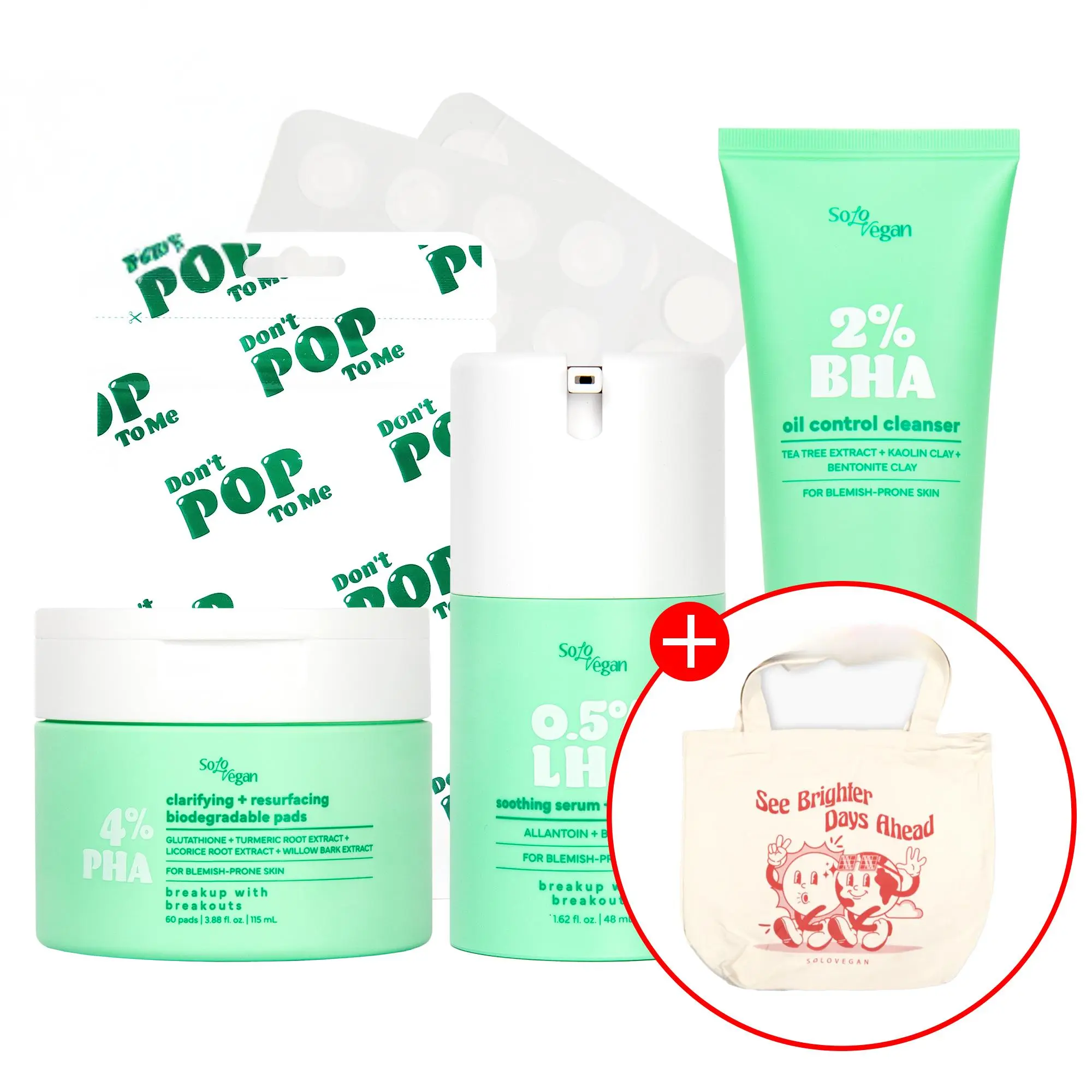 SoloVegan 4-Piece Cruelty-Free Korean Acne Treatment Skincare Multi-Pack - 170ml AHA-LHA-PHA Gel Cleanser Set, Oil Control Moisturizing Cream, Cleanser, Toner Pads, Serum, 55 Patches for Acne-Prone Sensitive & All Skin Types Normal Adults