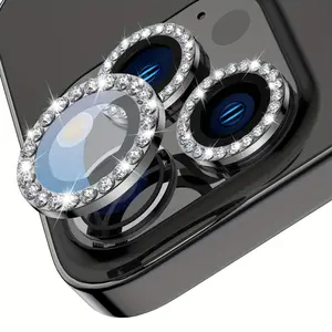 For iPhone 16/15/14/13/12/11 Pro Max Plus Mini IPhone 13 Pro/iPhone 13 Pro Max Camera Lens Protector Bling, Protection Camera Cover Tempered Glass Screen Protector Rhinestone Metal Ring, Black Accessories