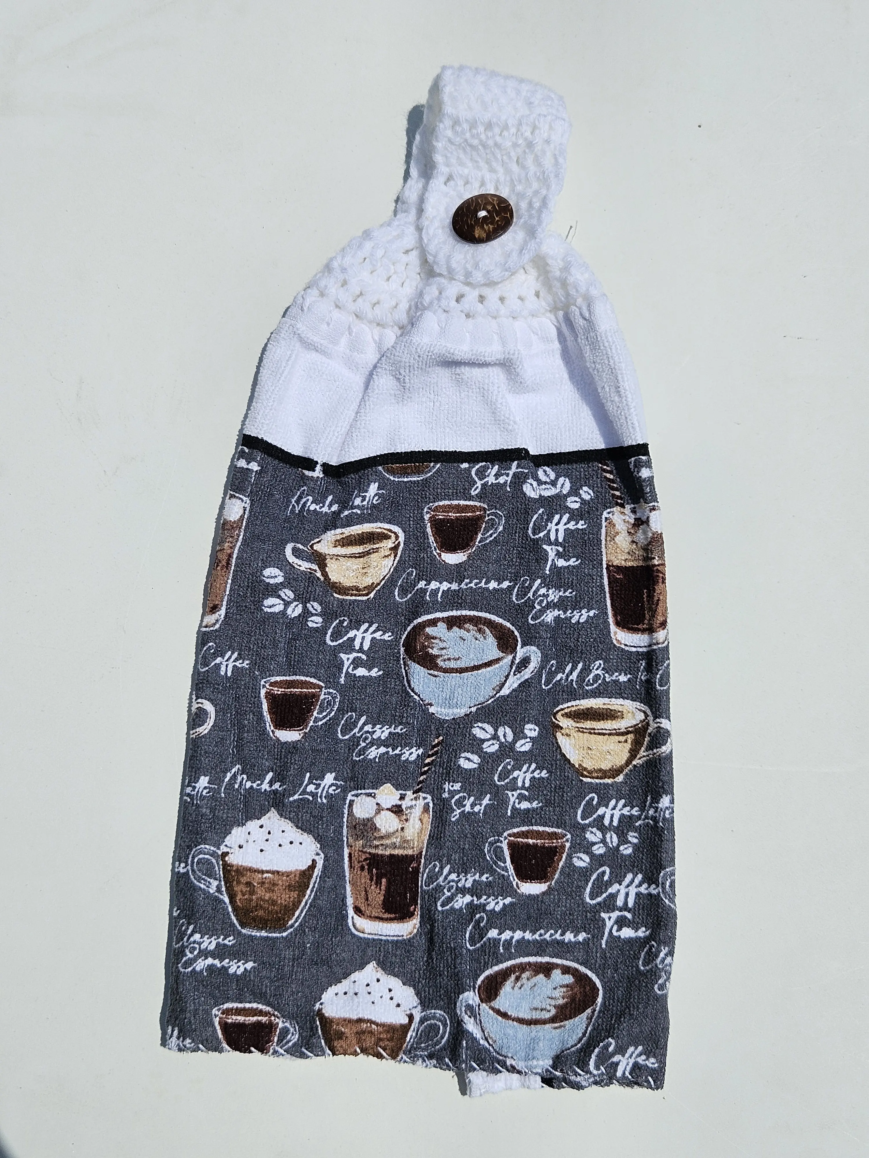 Crochet Top Kitchen Towel | Hanging Hand Towel with Coconut Button | Handmade Kitchen Décor | Coffee